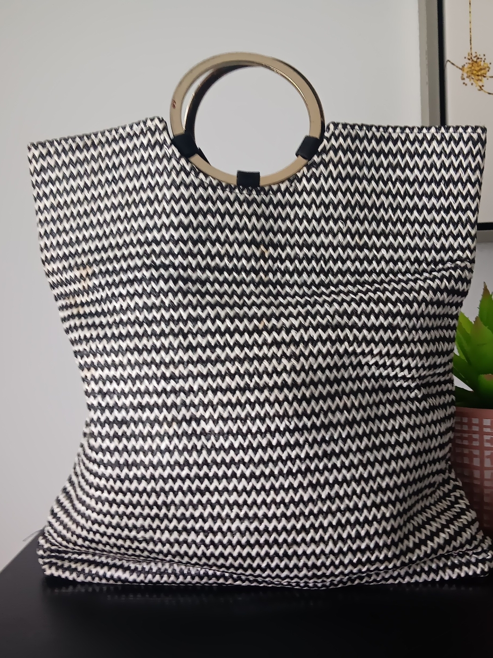 & Other Stories Black and White Chevron Ring-Handle Tote